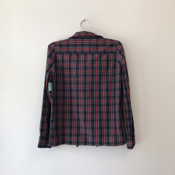 A.P.C. red navy plaid shirt snap buttons ruffled front - Picture 2 of 4